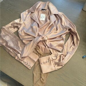 Silk Tie-Front Blouse with Pearl Cuffs